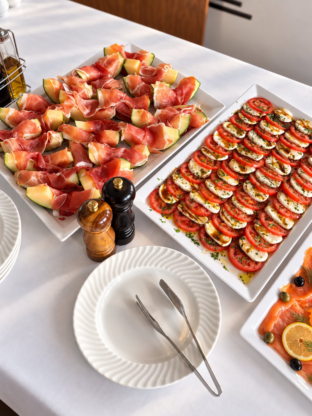 Kaltes Buffet mit Schinken, Melone und Caprese