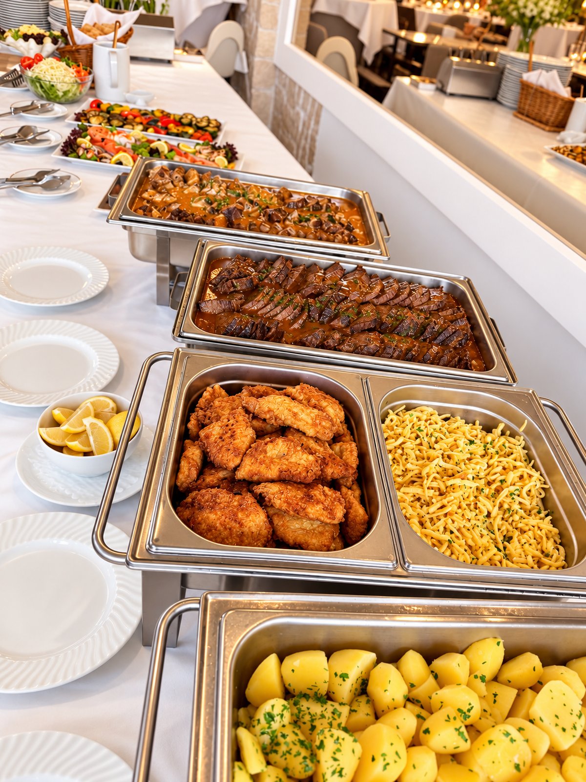 Warmes Buffet mit Schnitzel, Spätzle und Braten