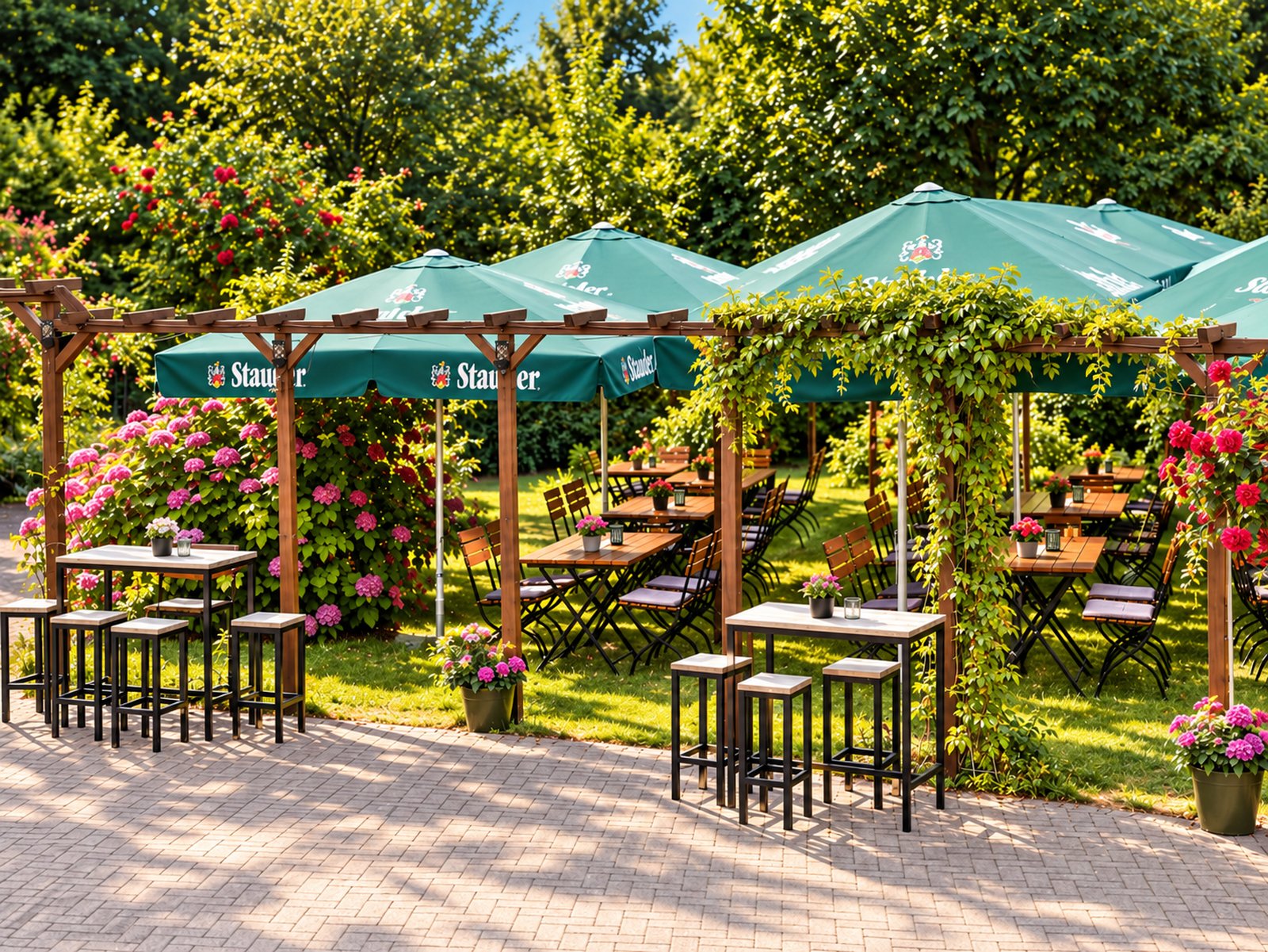 Biergarten des Am Kreuz mit Schirmen und Pergola