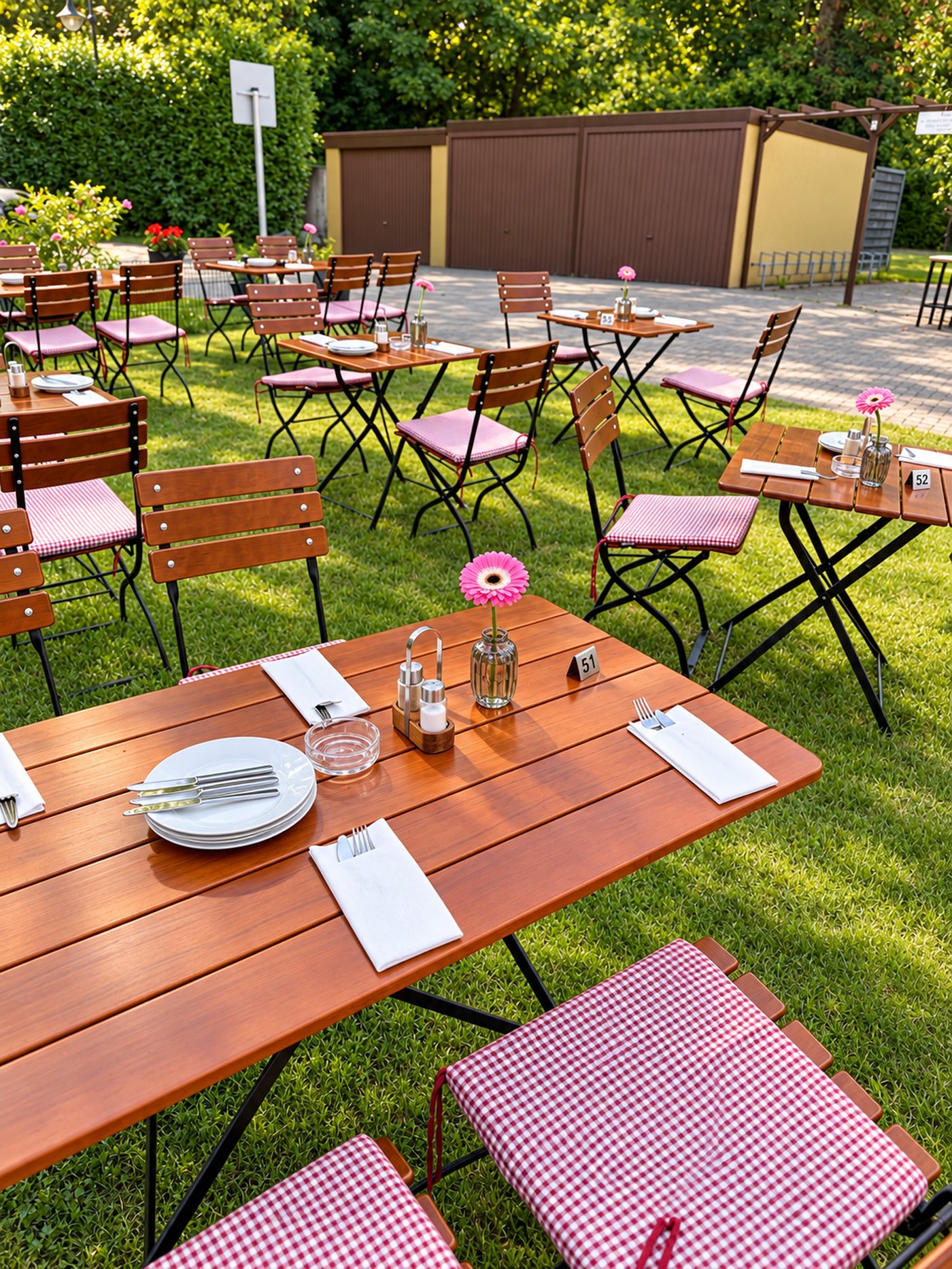 Eingedeckte Gartentische im Grünen