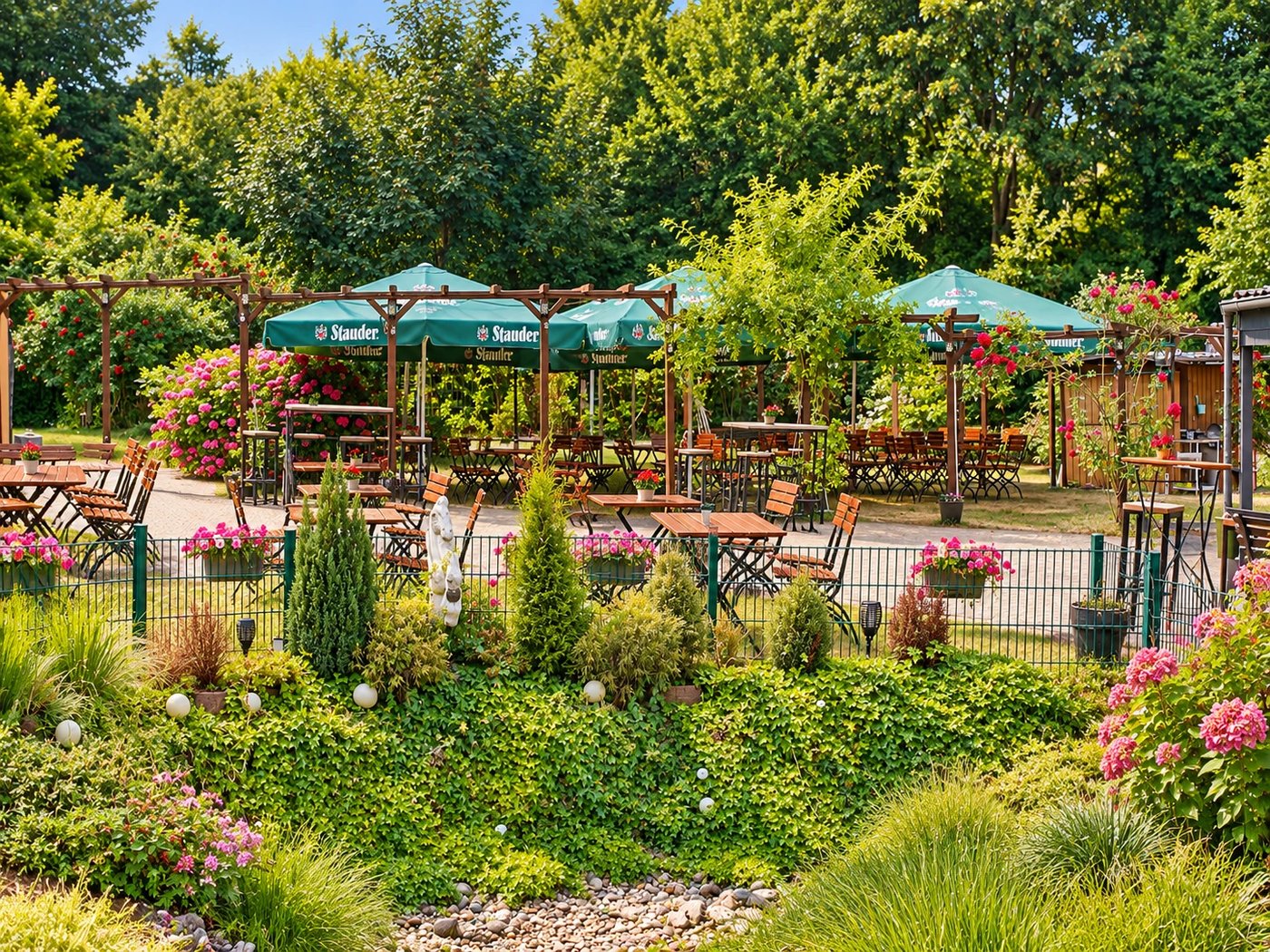 Biergarten mit Schirmen und Blumen